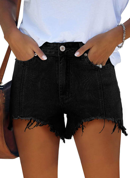 Women Casual Jean Shorts 2025 Trendy Boyfriend High Waisted Denim Shorts Stretchy Frayed Dress Shorts for Summer（Black,M）