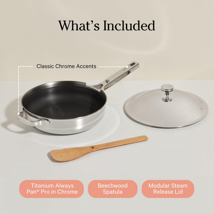 Our Place Titanium Always Pan Pro - 10.6” (2.8 Qt) No-Coating Nonstick Technology | Tri-Ply Titanium & Stainless Steel | Safe for Oven, Induction & Cooktops up to 1000°F | Includes Spatula | Chrome