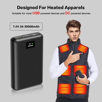 YMTHE 7.4V Heated Vest Battery Pack, 30000mAh Portable Charger with DC and USB Output Ports for Heated Jacket,Coat,Pants and Heating Clothing