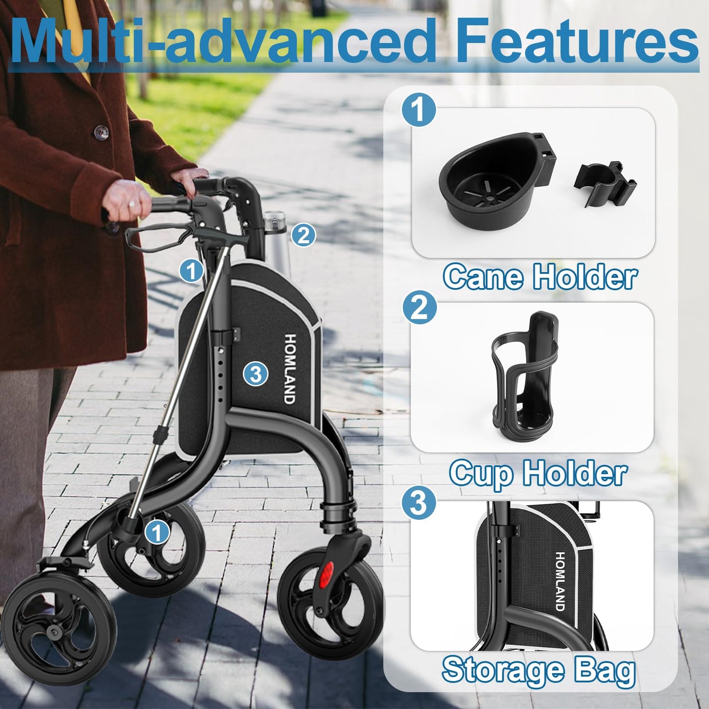 HOMLAND 3 Wheel Walkers for Seniors, FSA/HSA Eligible Foldable Wheeled Rollator with Cane Hold and Cup Hold, Lightweight Three Wheel Rolling Walker Height Adjustable for Seniors