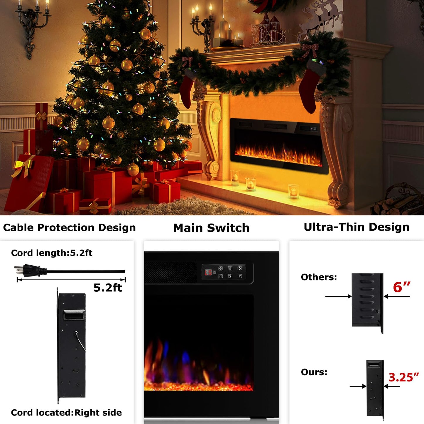 Vitesse 72 Inch Ultra Thin Electric Fireplace-Narrow Bezel Linear Fireplace Heater Recessed Wall Mounted, Remote and Screen Control, 8H Sleep Timer, Low Noise, 750/1500W for Living Room, Bedroom