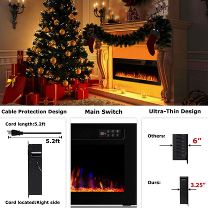 Vitesse 72 Inch Ultra Thin Electric Fireplace-Narrow Bezel Linear Fireplace Heater Recessed Wall Mounted, Remote and Screen Control, 8H Sleep Timer, Low Noise, 750/1500W for Living Room, Bedroom