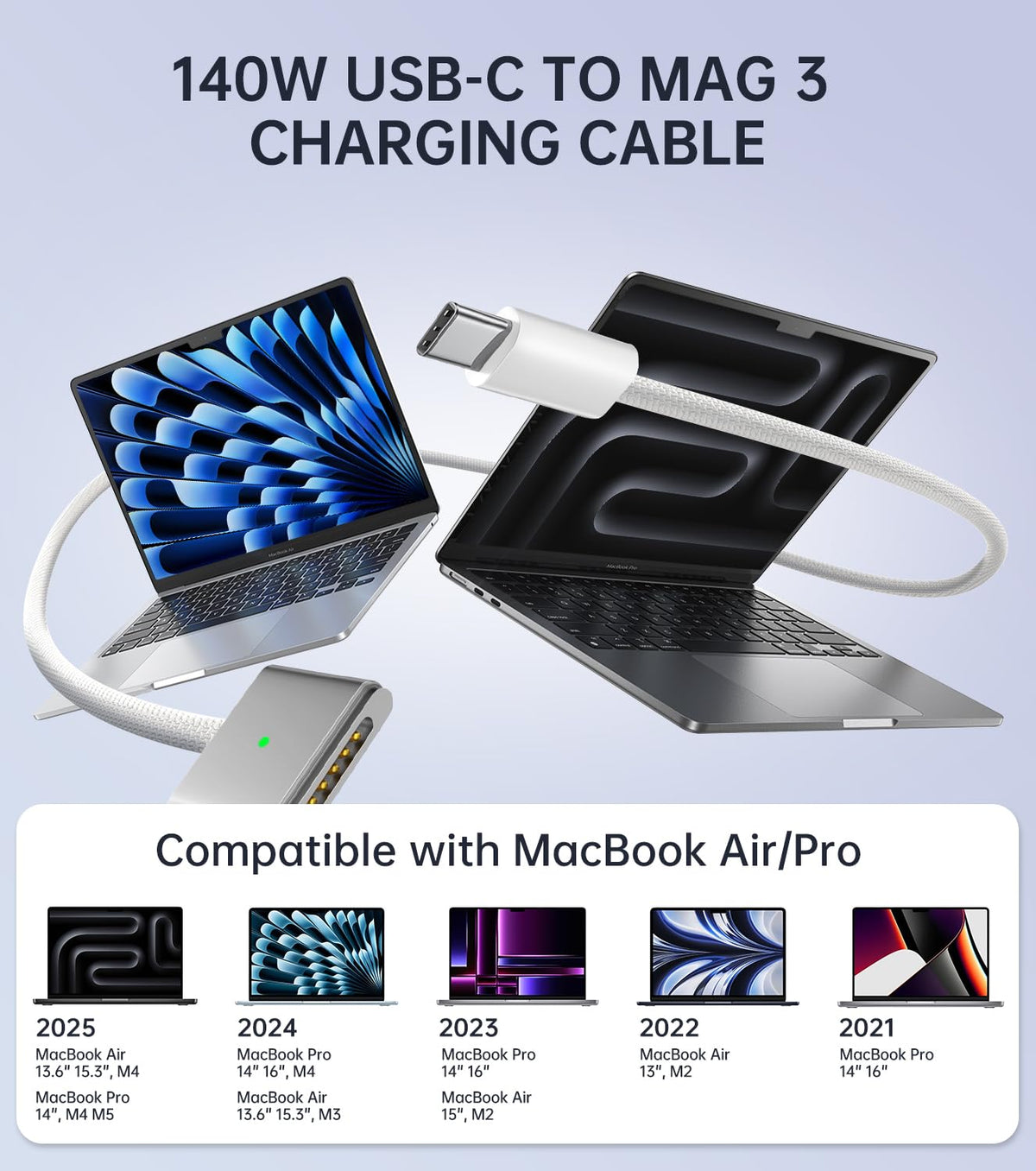 140W Charger for MacBook Pro 16/14 inch Mac Air 15/13 inch 【Original Quality】 2021-2025 M1–M4 2m/6.6FT Magnetic 3 Cable LED & Type C Fast Charger Power Adapter (Between 2021-2025)