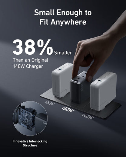 Anker 150W Max USB C Charger Block, 4-Port Compact Foldable GaN Charger for MacBook, iPhone 16 and More Series, Dell and More
