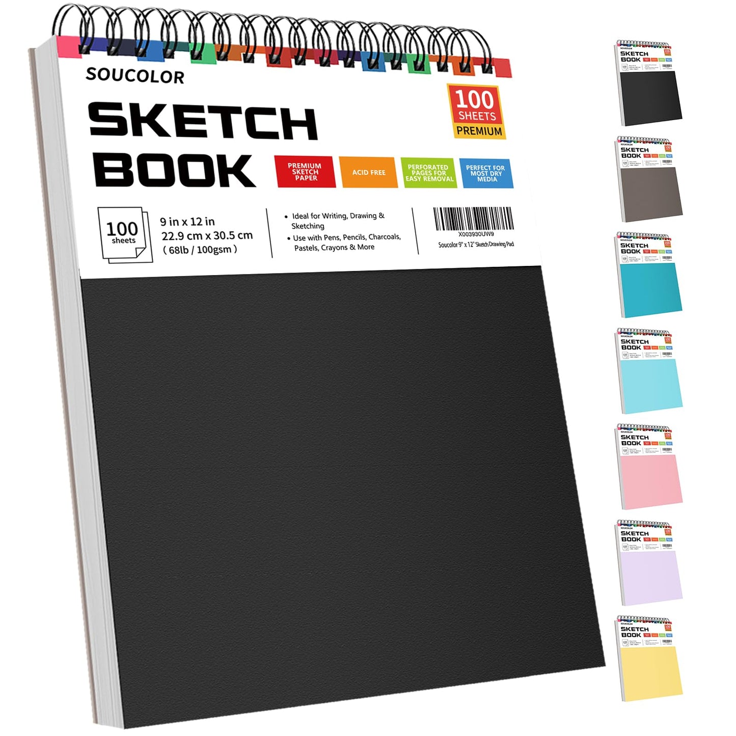 Soucolor Sketch Book, Spiral Bound Acid-Free Sketchbook with 68lb/100gsm for Paper Painting, Drawing, Writing, Artist Sketching Pad for Kids, Adults & Teens, 100 Sheets (Black, 9 x 12 Inch, Pack of 1)