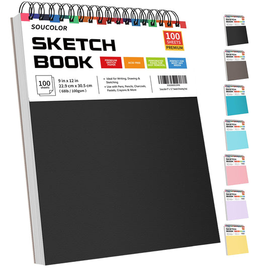 Soucolor Sketch Book, Spiral Bound Acid-Free Sketchbook with 68lb/100gsm for Paper Painting, Drawing, Writing, Artist Sketching Pad for Kids, Adults & Teens, 100 Sheets (Black, 9 x 12 Inch, Pack of 1)