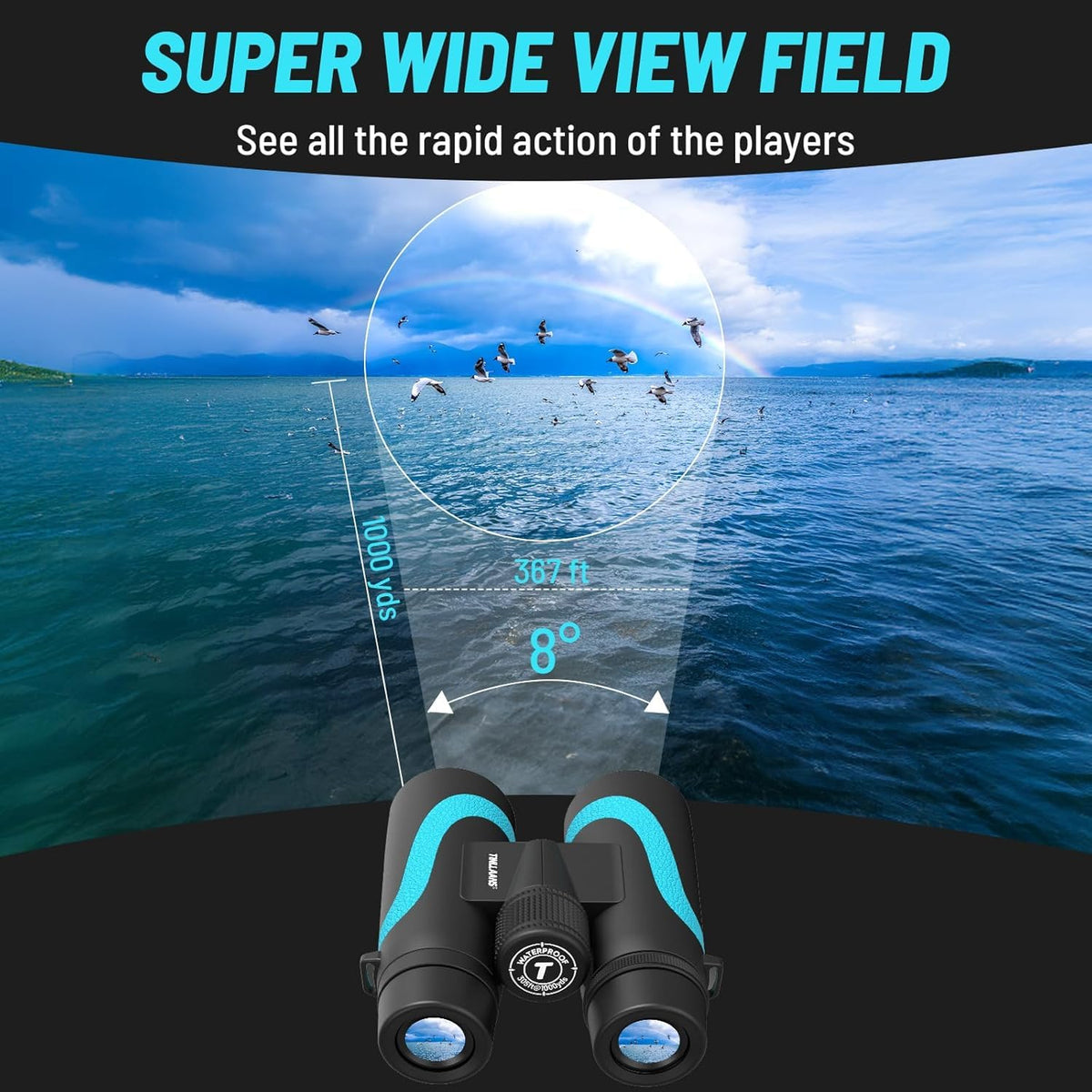 Tinllaans 15x55 HD Binoculars for Adults, High Powered, Large View, BAK4 Prism, Waterproof, Lightweight for Bird Watching, Hiking, Travel, Cruise Trip with Phone Adapter (Blue)