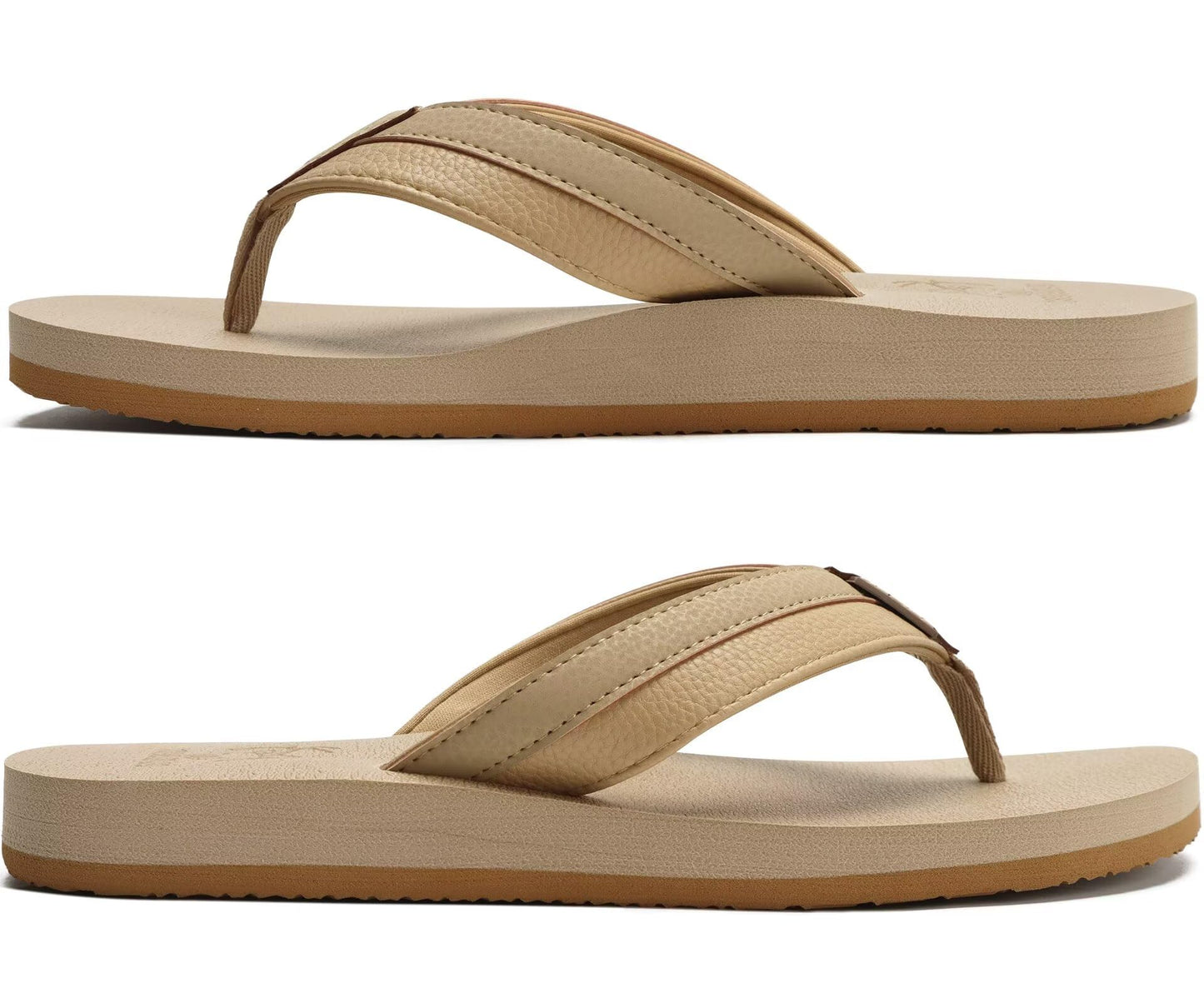 KuaiLu Men's Leather Flip Flops Arch Support Summer Beach Pool Water Thong Sandals Waterproof Rubber Walking Shoes Slip on Orthotic Casual Sport Cushioned Wide Slides Shower Slippers Apricot Size 14