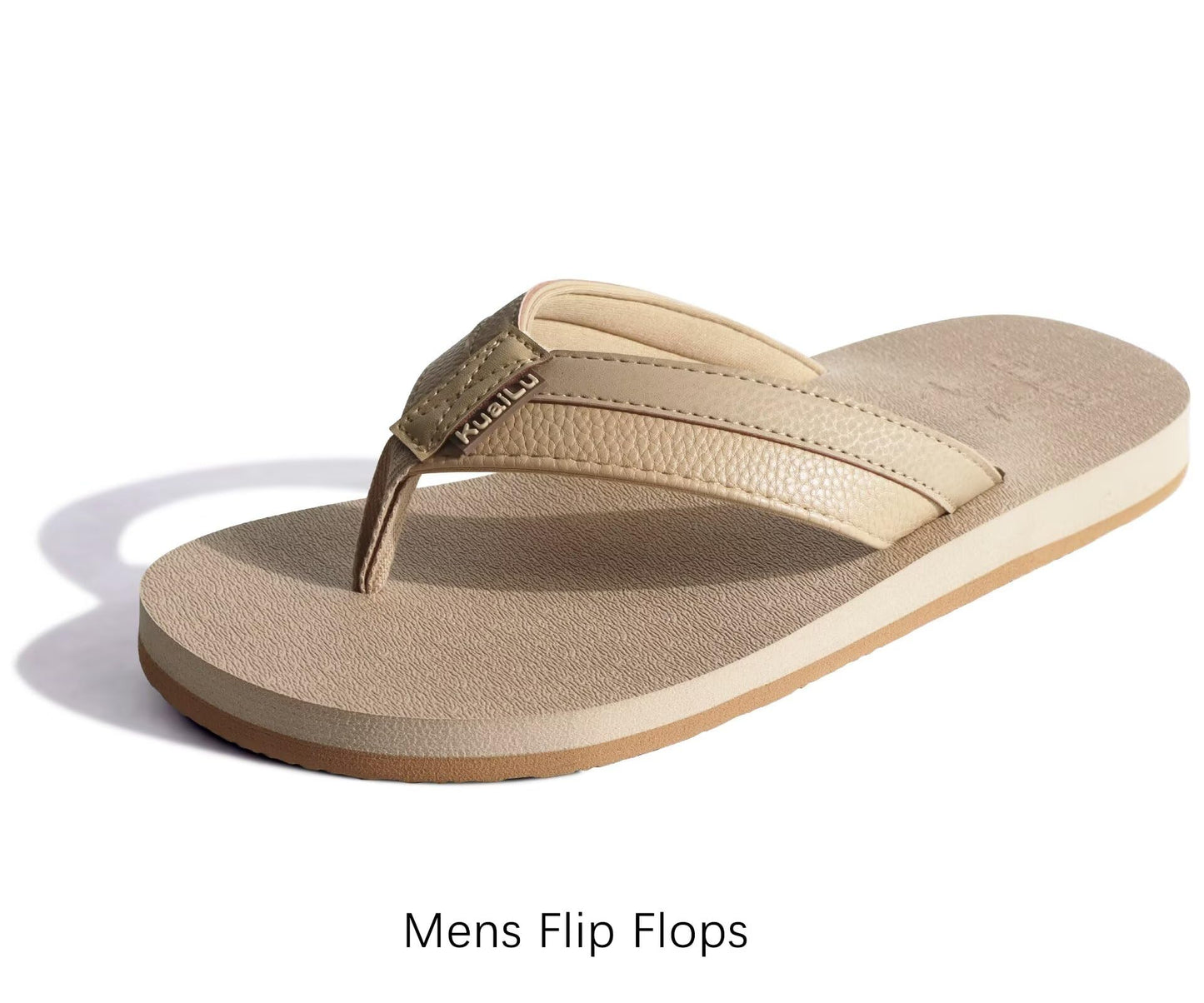 KuaiLu Men's Leather Flip Flops Arch Support Summer Beach Pool Water Thong Sandals Waterproof Rubber Walking Shoes Slip on Orthotic Casual Sport Cushioned Wide Slides Shower Slippers Apricot Size 14