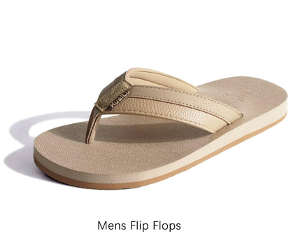 KuaiLu Men's Leather Flip Flops Arch Support Summer Beach Pool Water Thong Sandals Waterproof Rubber Walking Shoes Slip on Orthotic Casual Sport Cushioned Wide Slides Shower Slippers Apricot Size 14