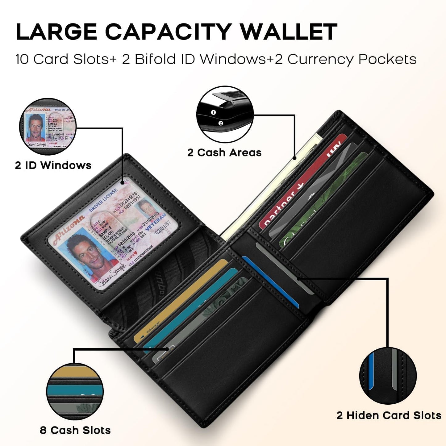 Genuine Leather Wallet for Men 12 Cards Mens Wallet Bifold Rfid Blocking with 2 ID Windows Card Holder Wallet with Gift Box