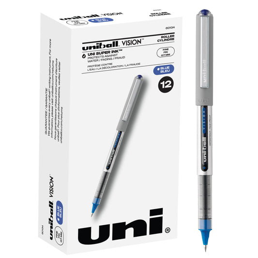 Uni-ball® Vision™ Rollerball Pens, Fine Point, 0.7 mm, Gray Barrel, Blue Ink, Pack Of 12