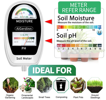 AiGerdinn Soil Test Kit, 2-in-1 Soil Moisture Meter, Soil pH Meter -Dual Dial-Simultaneously-Display Results-Soil pH Tester, Moisture Meter for Garden,Lawn,Farm Indoor&Outdoor Plants-PureWhite