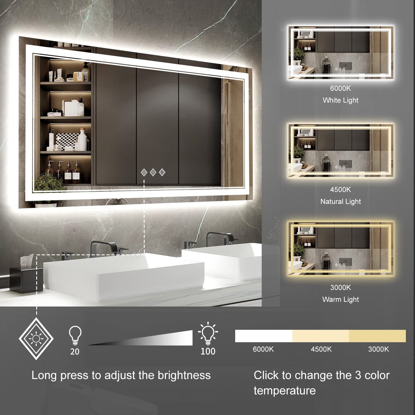 VanPokins Backlit Bathroom Mirror, 55x30 Inch Gradient Front and Backlit Mirror, 3 Colors Dimmable CRI>90 Double Lights, IP54 Enhanced Anti-Fog, Hanging Plates Wall Mount LED Bathroom Mirror