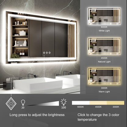 VanPokins Backlit Bathroom Mirror, 55x30 Inch Gradient Front and Backlit Mirror, 3 Colors Dimmable CRI>90 Double Lights, IP54 Enhanced Anti-Fog, Hanging Plates Wall Mount LED Bathroom Mirror
