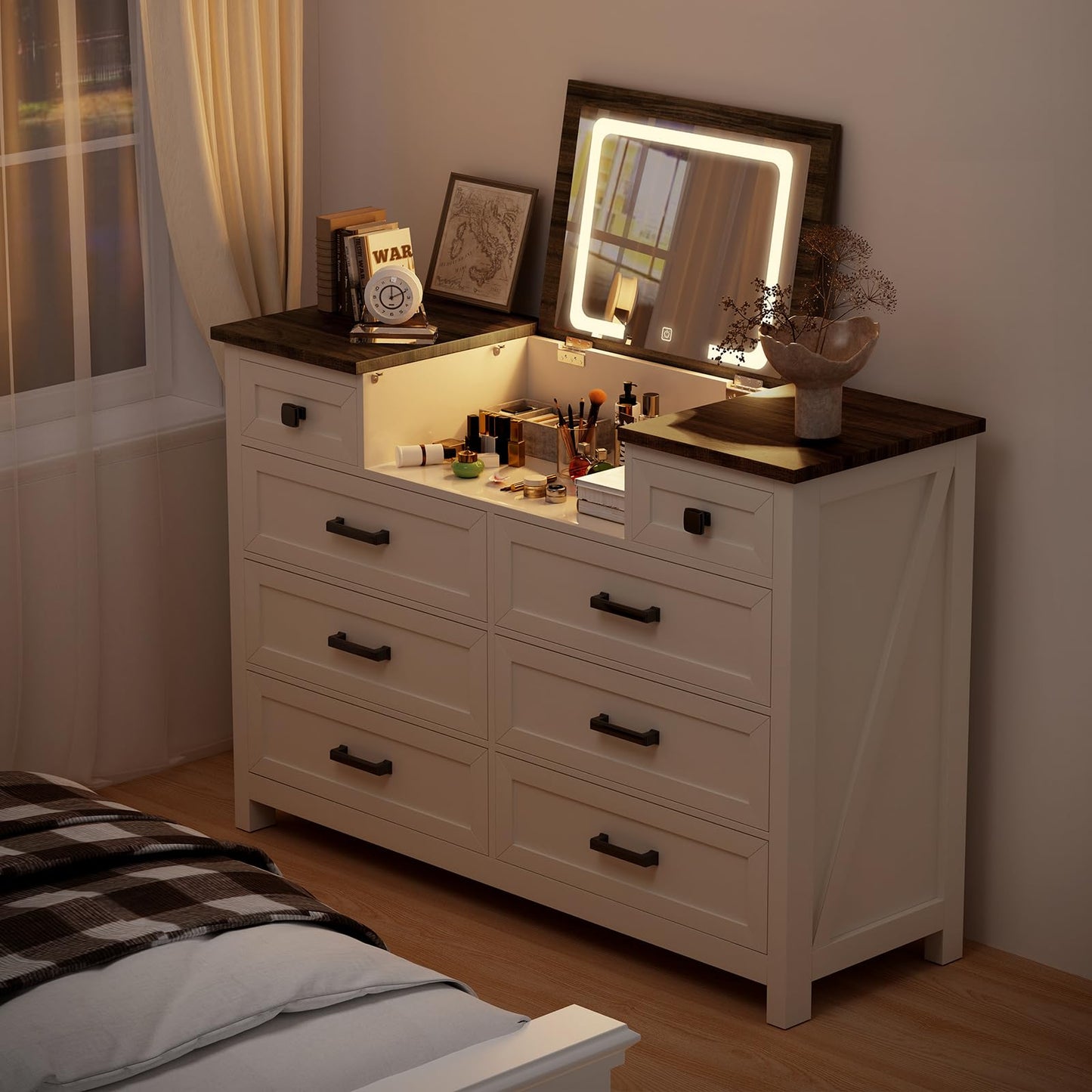 BROTTAR Dresser with Mirror for Bedroom, Chest of Drawers with LED Mirror, 8 Drawer Dresser, White Dressers for Kids, Wood Dressers, Farmhouse Makeup Vanity with Storage for Bedroom