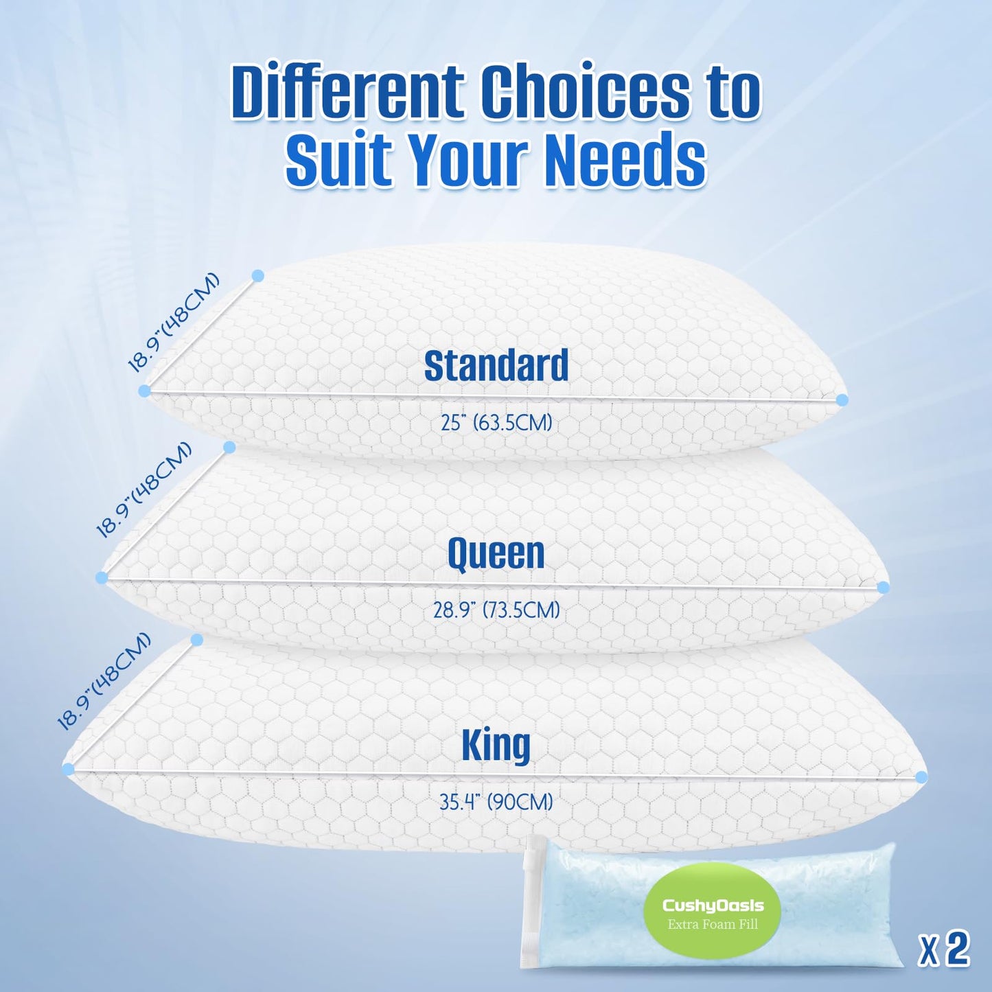 CushyOasis Shredded Memory Foam Pillow for Sleeping, Cooling Bed Pillows Set of 2, Adjustable Pillows for Side, Back, Stomach Sleepers with Washable Pillowcase (Queen Size, Grey)