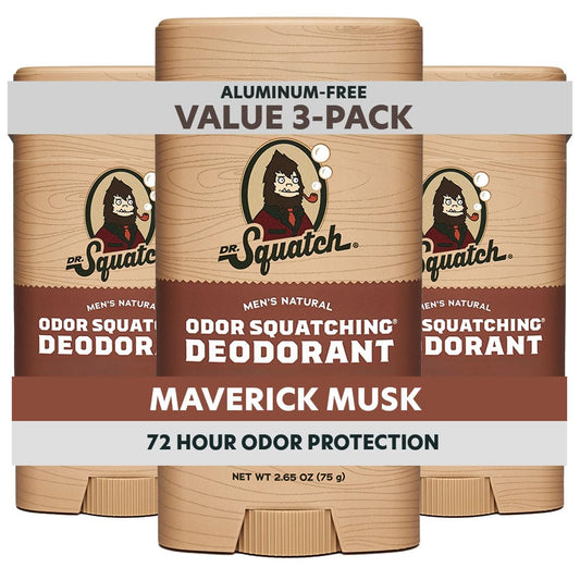 Dr. Squatch Natural Men’s Deodorant – Aluminum Free Natural Deodorant Men with Charcoal & Postbiotics for 72-Hour Odor Protection – Maverick Musk, 2.65oz Stick (3-Pack)