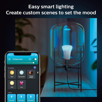 Philips Hue Smart Light Starter Kit - Includes (1) Bridge and (2) 60W A19 LED Bulb, White and Color Ambiance Color-Changing Light, 800LM, E26 - Control with App or Voice Assistant