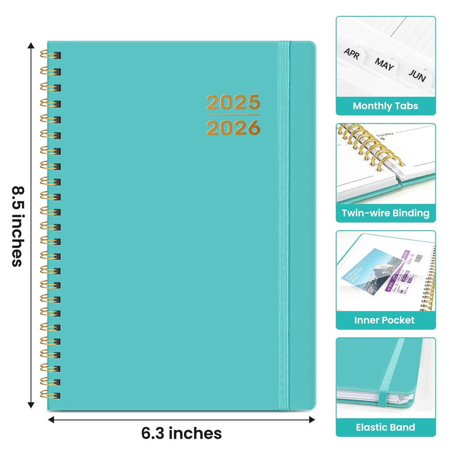 Academic Planner 2025-2026 For Women & Men, Monthly and Weekly Calendar Planner, Jul 2025 - Jun 2026, A5 (6.3" x 8.5"), Teacher Student Planning Book with Tabs, Ideal for Office School Supplies - Aquamarine