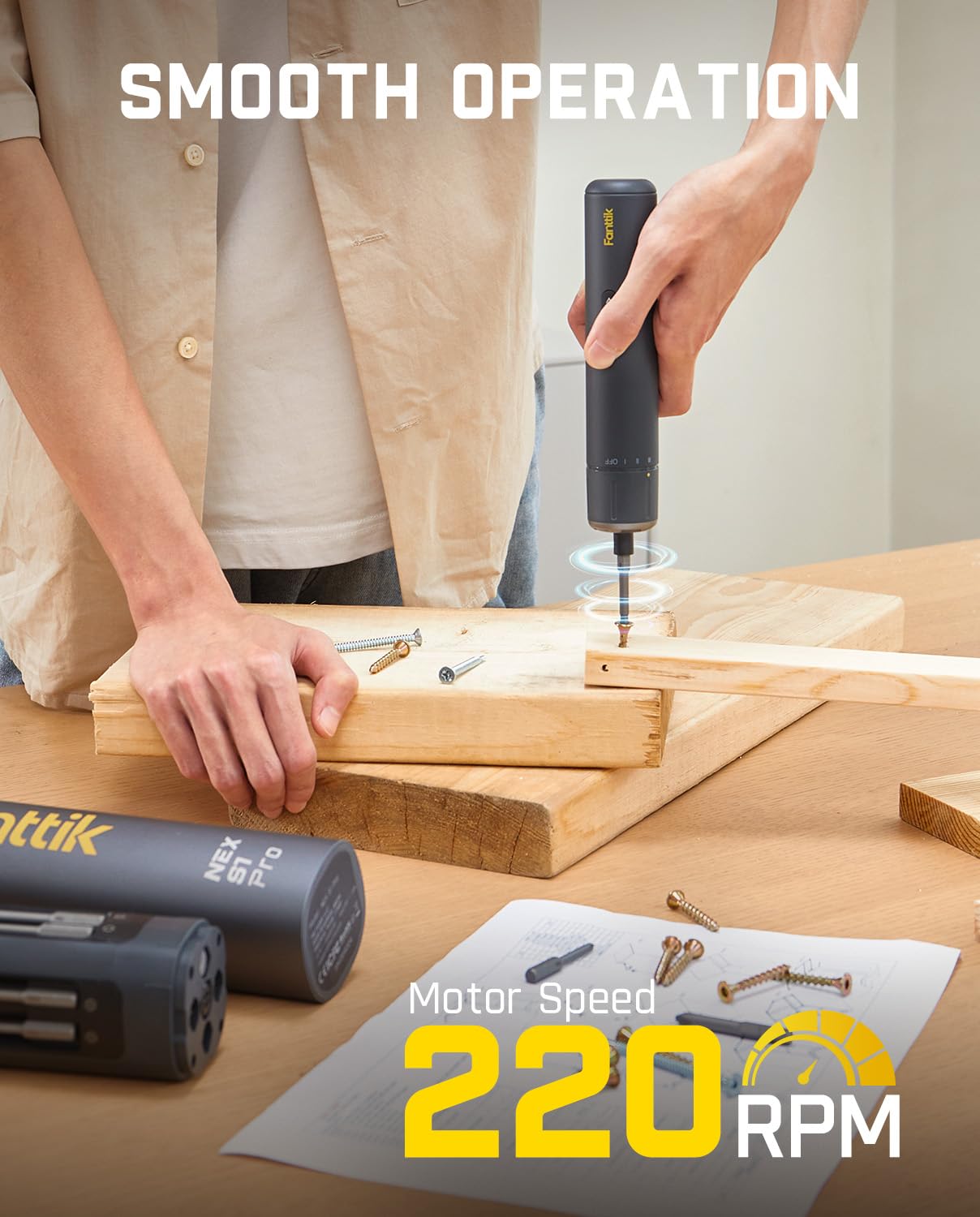 Fanttik S1 Pro 3.7V Electric Screwdriver, Power Screwdriver, 16 S2 Steel Bits, 3 Torque Settings, Max 6 N.m, 2000mAh Battery, LED Light, 1/4''Hex, Ideal Tool for Furniture, Gaming PC