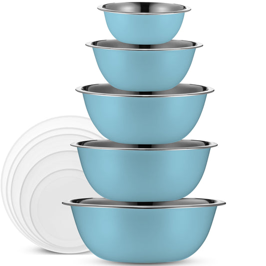 WHYSKO Stainless Steel Mixing Bowl Set, 10 Piece Stainless Steel Mixing Bowls with Lids Set for Food Prep Storage and Serving, Dishwasher Safe Microwave Safe for Kitchen Baking Cooking, Light Blue