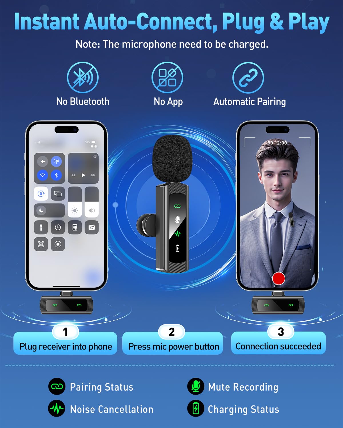 QUZAZBU USB C Wireless Lavalier Microphone for iPhone 15 16, Mini LED Display Microphone for Android with Noise Reduction, Lapel Magnetic Clip-on Mic for Recording Content Creator Vlog Tiktok YouTube