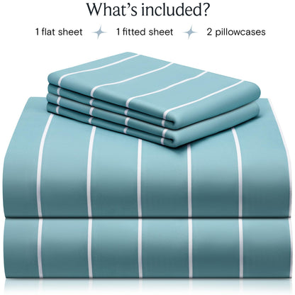 LuxClub 4 PC Queen Size Sheet Set Bed Sheets, Breathable Luxury Deep Pockets 16" Wrinkle Free Cooling Sheets Machine Washable Hotel Bedding (Queen, Striped Light Blue)