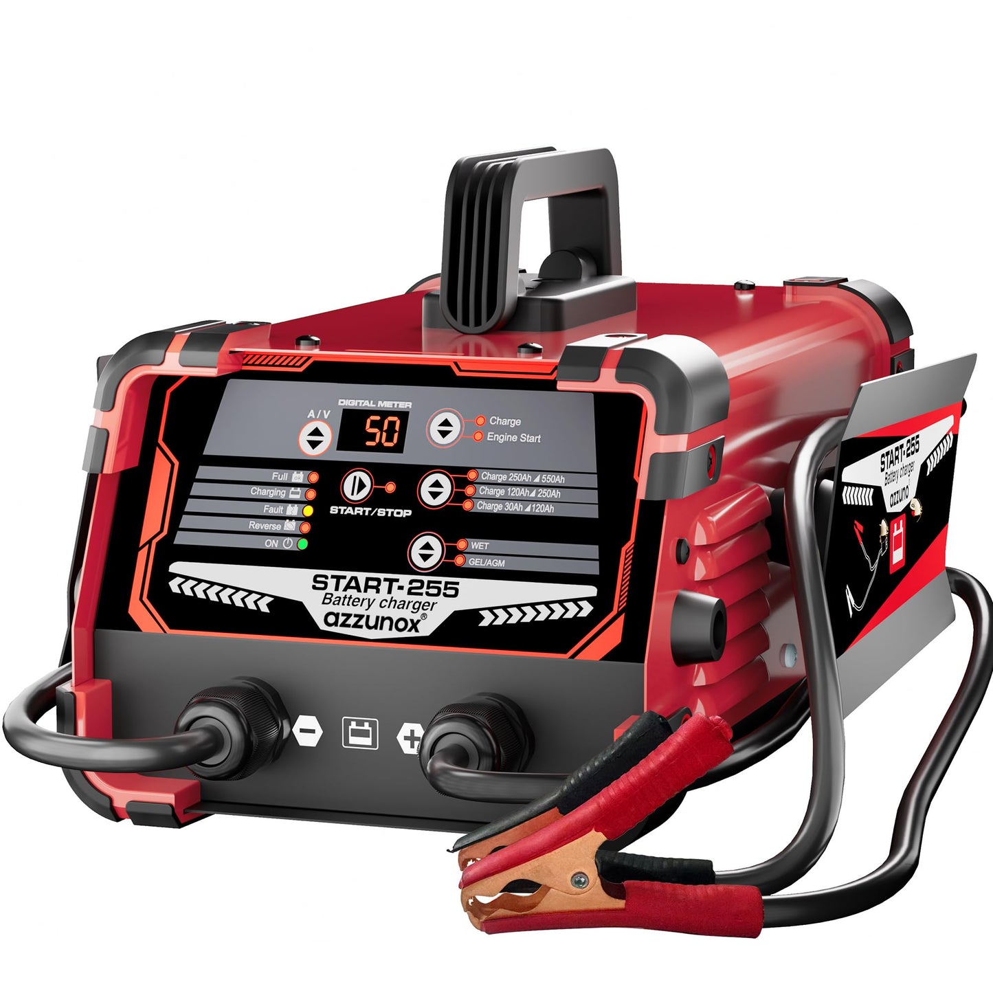 AZZUNOX 12V 24V Car Battery Charger & Engine Starter, 0-50A Automatic Battery Maintainer, 250 Cranking Amps, Jump Starter & Smart Trickle Charger
