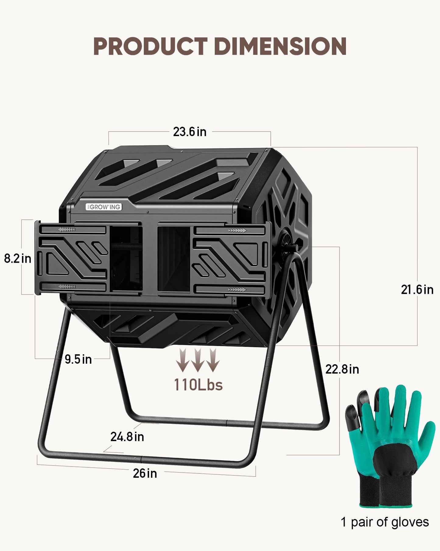 THEGROW'ING Updated 43 Gallon Compost Bin Outdoor, Fast Assemble Tumbling Composter, Dual Chamber Composter Tumbler, Rotating Compost Bin for Outside, Backyard, Garden and Yard, Black