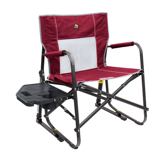 GCI OUTDOOR Freestyle Rocker XL with Side Table Camping Chair | Portable Folding Rocking Chair with Solid, Durable Armrests, Drink Holder & Comfortable Backrest — Red