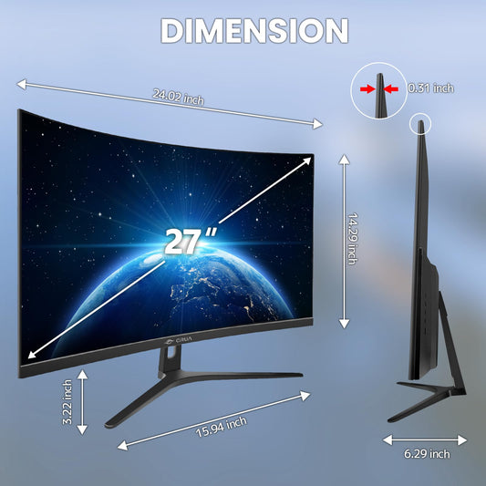 CRUA 27" Curved Monitor, FHD(1920x1080P) VA Panel, 100HZ, 120% sRGB Professional Computer Monitor, Narrow Bezels on Three Sides, Blue Light Filter, Office and Dormitory(HDMI, VGA)-Black