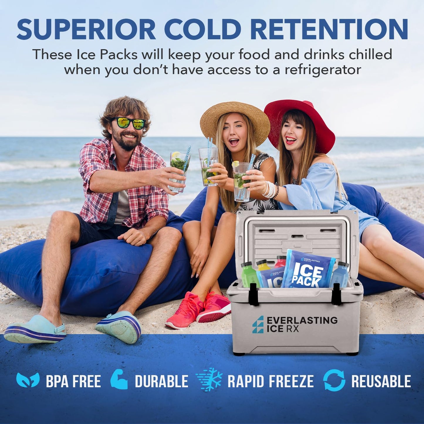 Rapid Performance Reusable Ice Packs for Lunch Boxes, Lunch Bags or Coolers | 4 Pack | Cold for Up to 12 Hours | Ice Packs for Cooler, Long Lasting for Camping, Outdoors & Beach