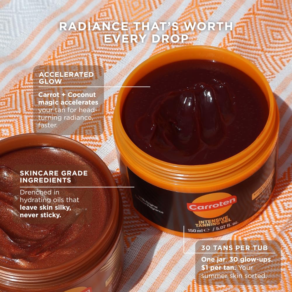 Carroten Intensive Tanning Gel | Browning Tan Accelerator | Non-Greasy, Water-Resistant with Carrot and Coconut Oil | Vitamin A & E For Moisture & Hydration | Made in Greece | 5 Fl Oz + Spatula
