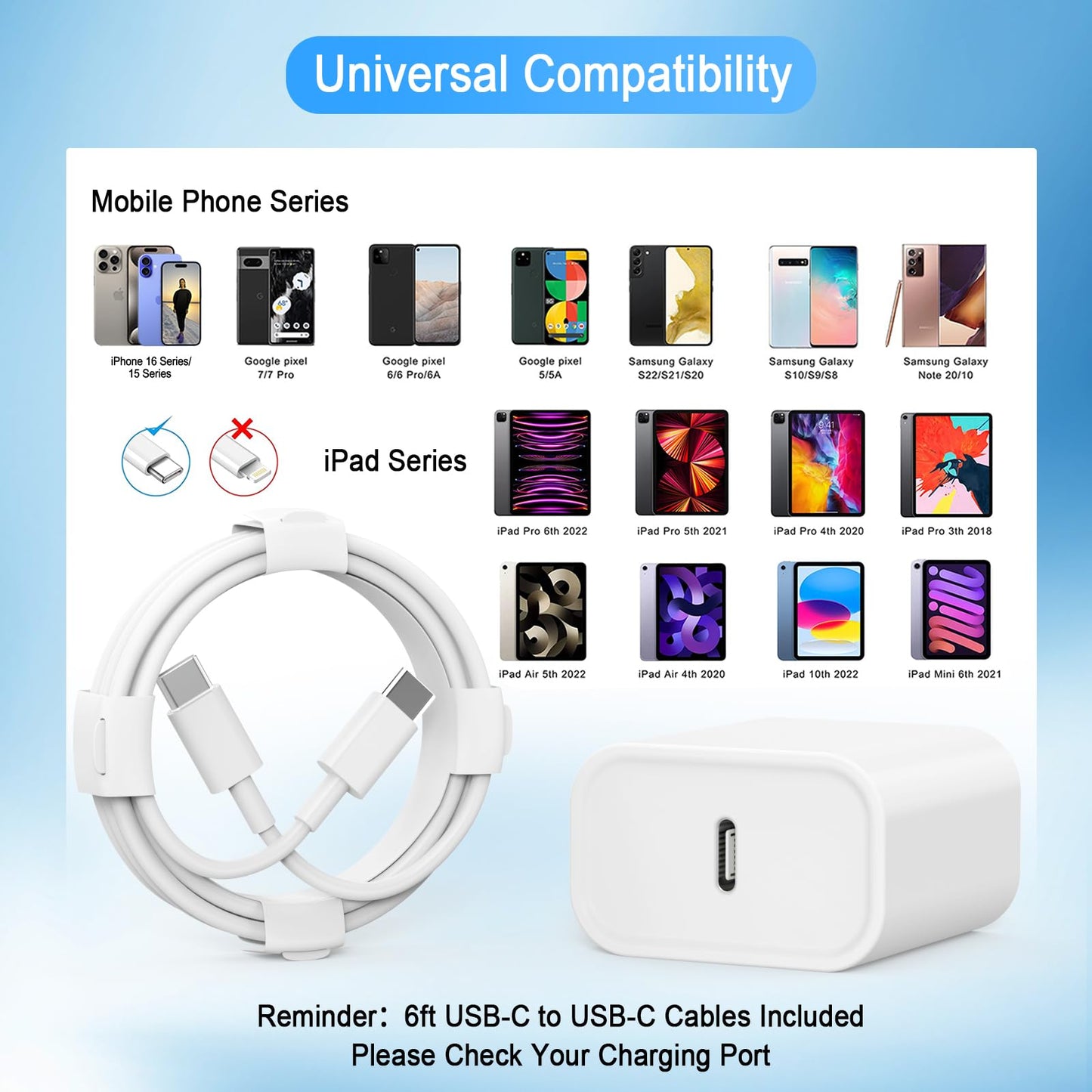 iPhone 17 16 15 Charger, USB C Charger, 4-Pack Fast Wall Charging, USB-C Chargers Block (4-Pack 6 ft Cable Included) for iPhone 17/16/15/15 Pro/15 Pro Max/iPad Pro/AirPods Samsung & More