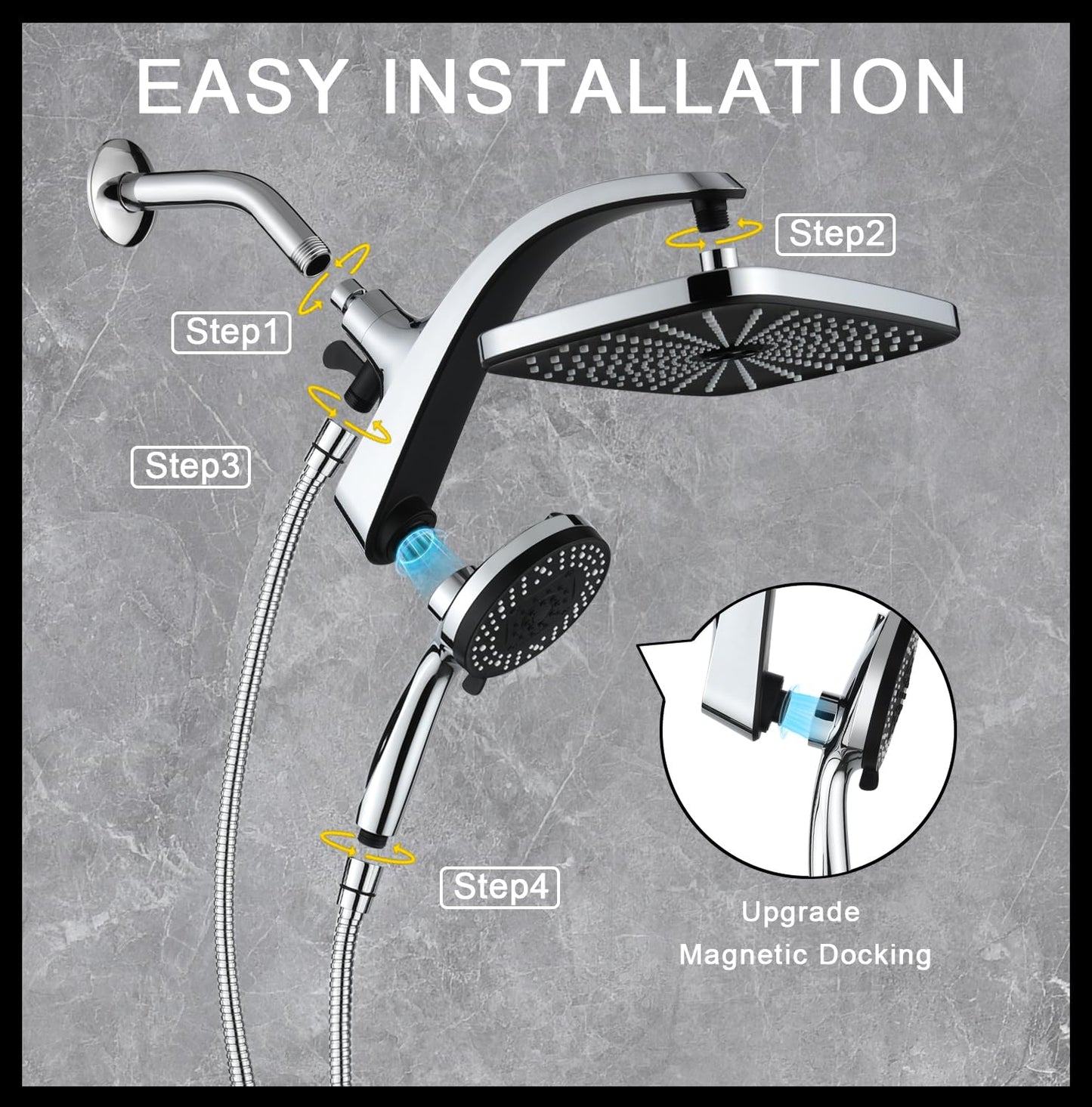 High Pressure Rain Shower Head: Upgrade Shower Heads with Handheld Spray Combo with Fixed Showerhead and 10 Sprays Handheld Shower Head, Detachable Shower head Built-in Magnetic Docking and Power Jets