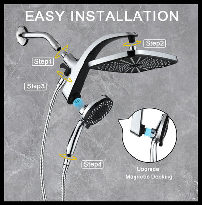High Pressure Rain Shower Head: Upgrade Shower Heads with Handheld Spray Combo with Fixed Showerhead and 10 Sprays Handheld Shower Head, Detachable Shower head Built-in Magnetic Docking and Power Jets