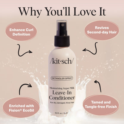 Kitsch Argan Milk Leave In Conditioner Spray – Lightweight Moisturizing Hair Spray for Women and Men - Hair Detangler Spray for Curly, Wavy, Fine, Dry & Damaged Hair - Silicone-Free - 6.8oz