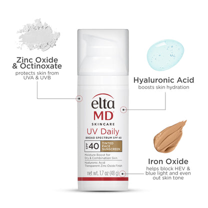 EltaMD UV Daily Tinted SPF 40 Face Sunscreen Moisturizer with Zinc Oxide, Tinted Daily Face Moisturizer with SPF, Sunscreen for Dry Skin,1.7 oz Pump