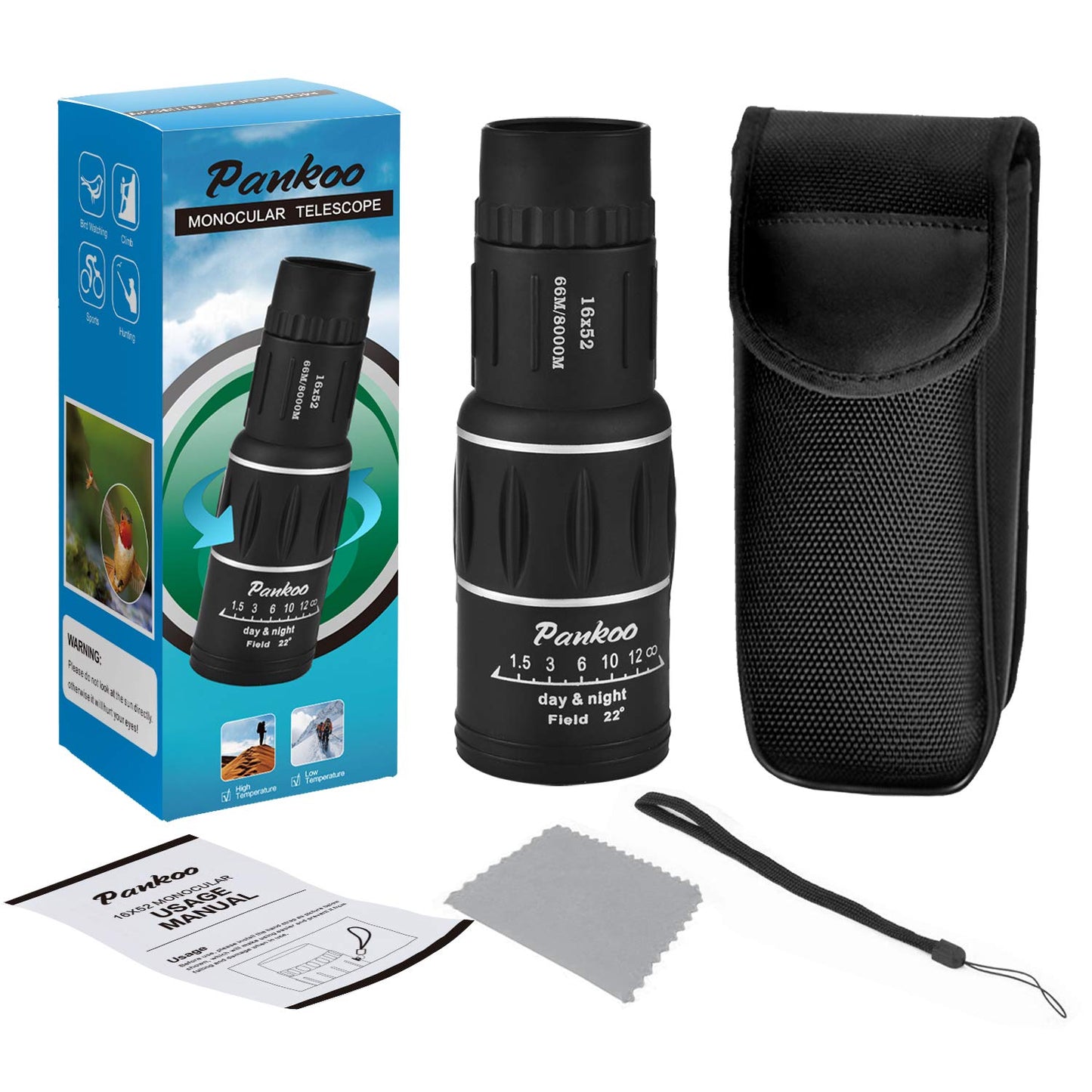 16X52 High Definition Monocular Telescope - Powerful Compact Monoculars for Adults and, Ideal for Bird Watching, Hiking, Concerts, and Travel