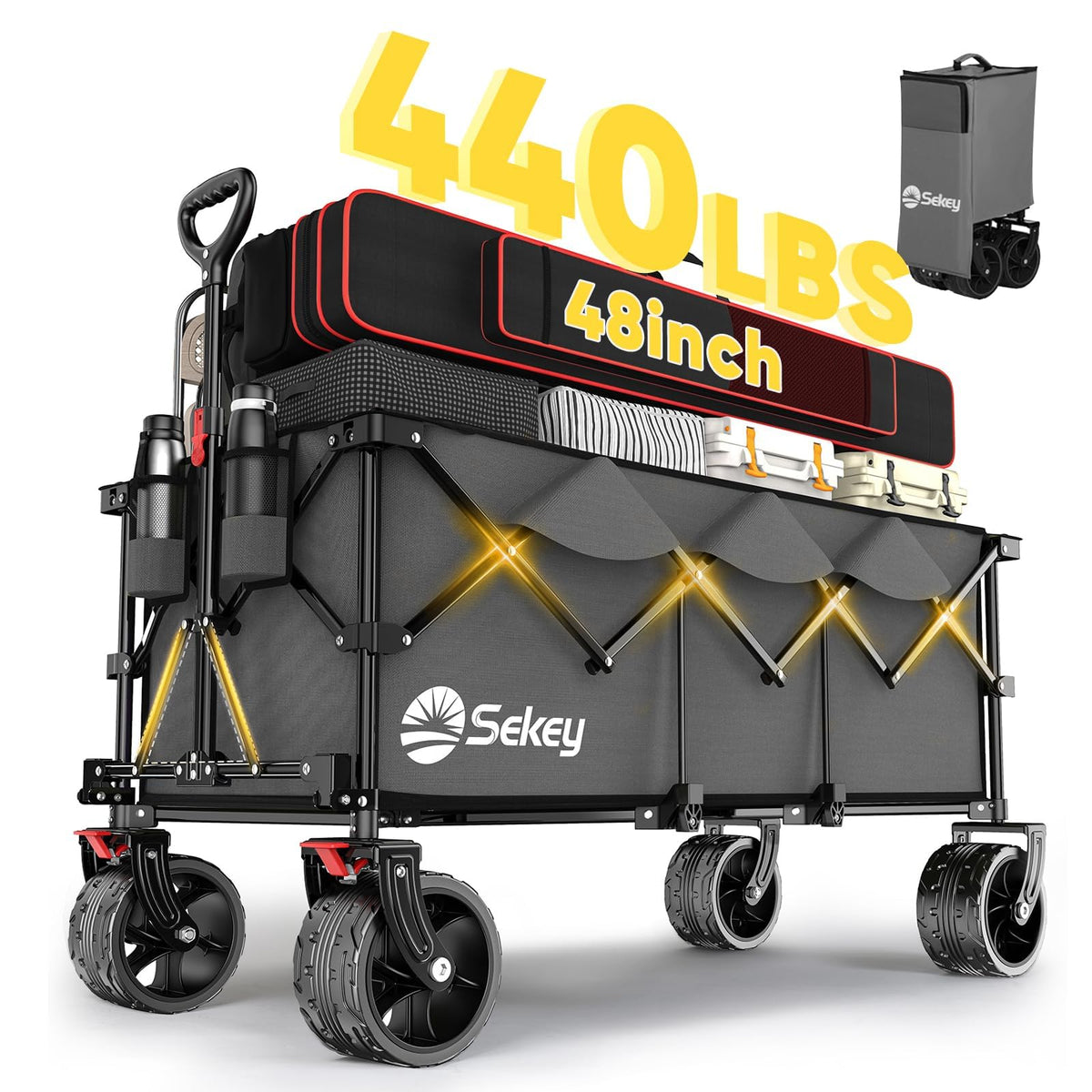 Sekey 48''L Collapsible Foldable Extended Wagon with 440lbs Weight Capacity, Heavy Duty 300L Folding Utility Garden Cart with Big All-Terrain Beach Wheels & Drink Holders. Grey