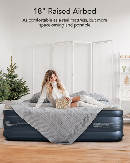 iDOO Queen Air Mattress with Built in Pump, 18 Raised Comfort Inflatable Blow up Mattress, Upgraded Four Chamber Portable Air Bed for Camping, Guests and Home, Colchon Inflable, 650 lbs Max