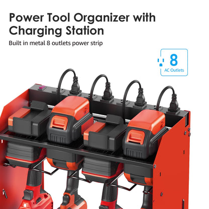 CCCEI Red Large Tools Organizer Wall Mount Charging Station, 39 Inch Long Power Tool Battery Storage Rack with 6FT Power Strip. 8 Drill Holder, Garage Utility Shelves. Pegboard Hanging Extension.