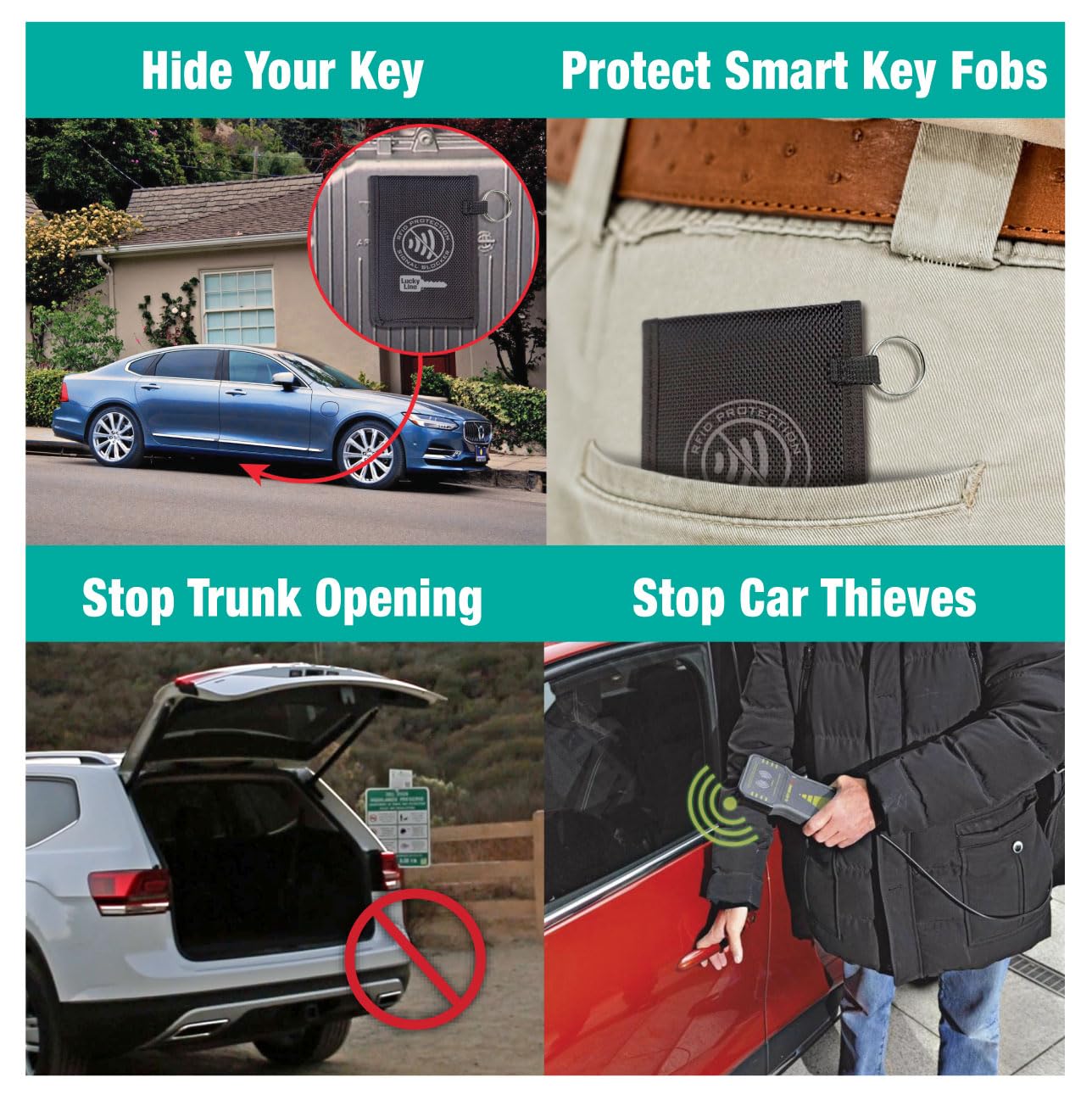 Lucky Line RFID Signal Blocking Key Hider Pouch Wallet with Adhesive & Velcro, Anti-Theft Storage Key FOB Battery Saver Credit Card Identity Protection (91801)