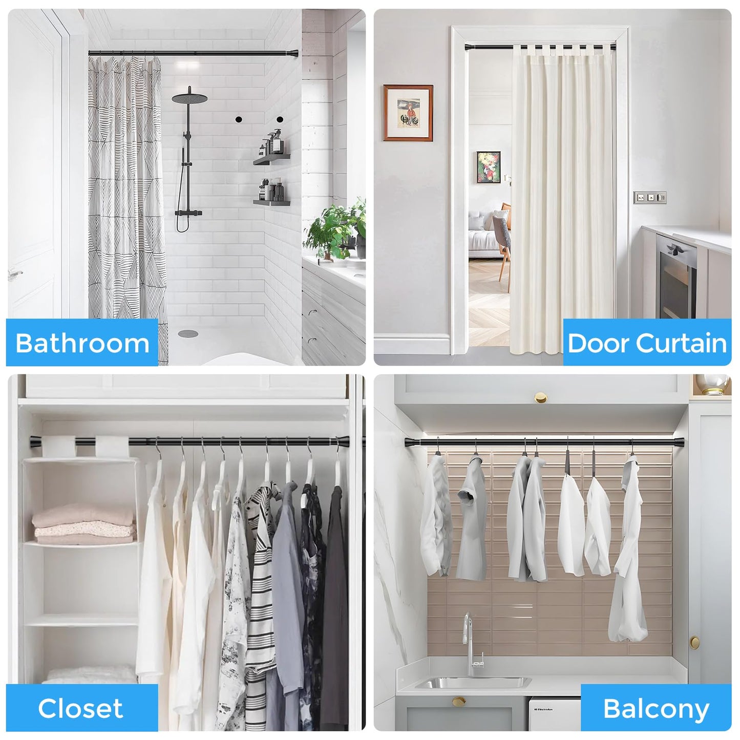 Zipglo Shower Curtain Rod 30 to 64 Inches 2Pack, Spring Tension Curtain Rod Black Tension Rods Spring Rods Expandable for Window, Wardrobe, Doorway, Kitchen