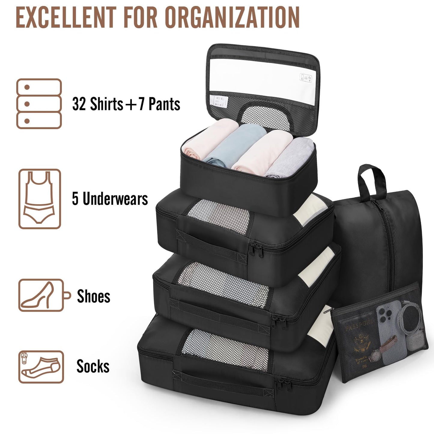Veken 10 Set/8 Set Packing Cubes for Travel Essentials, Suitcase Organizer Bags in 4 Sizes, Carry-On Luggage Accessories with Laundry & Toiletry Bag, Airplane Must-Have, Road Trip & Camp Gifts for Men