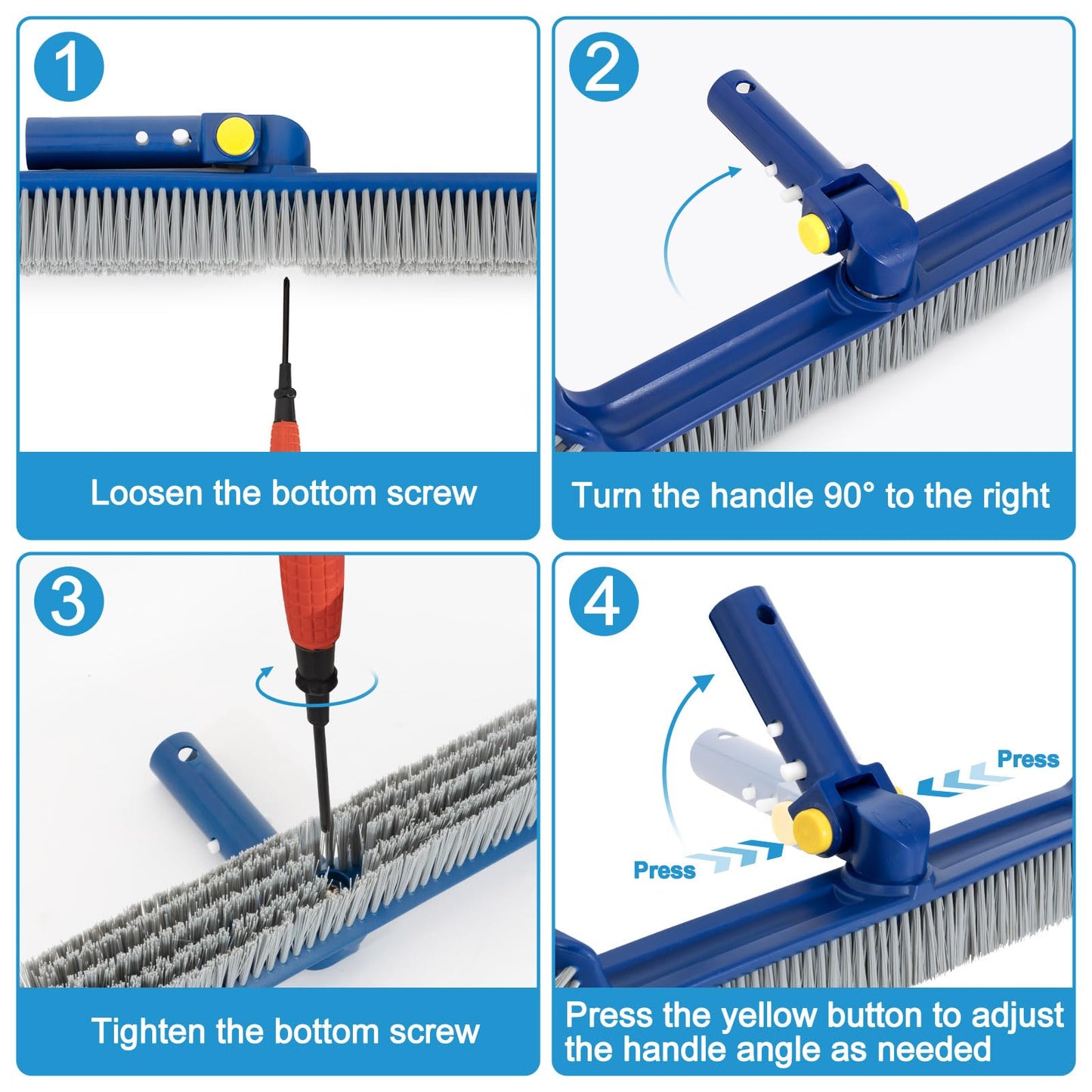 POOLAZA Pool Brush with Rotatable Handle,17.5" Pool Brush Head for Inground Pools, Above-Ground & Vinyl Pools, Heavy-duty Pool Brushes for Cleaning Pool Walls, Sturdy Pool Brush Fit Standard Pool Pole