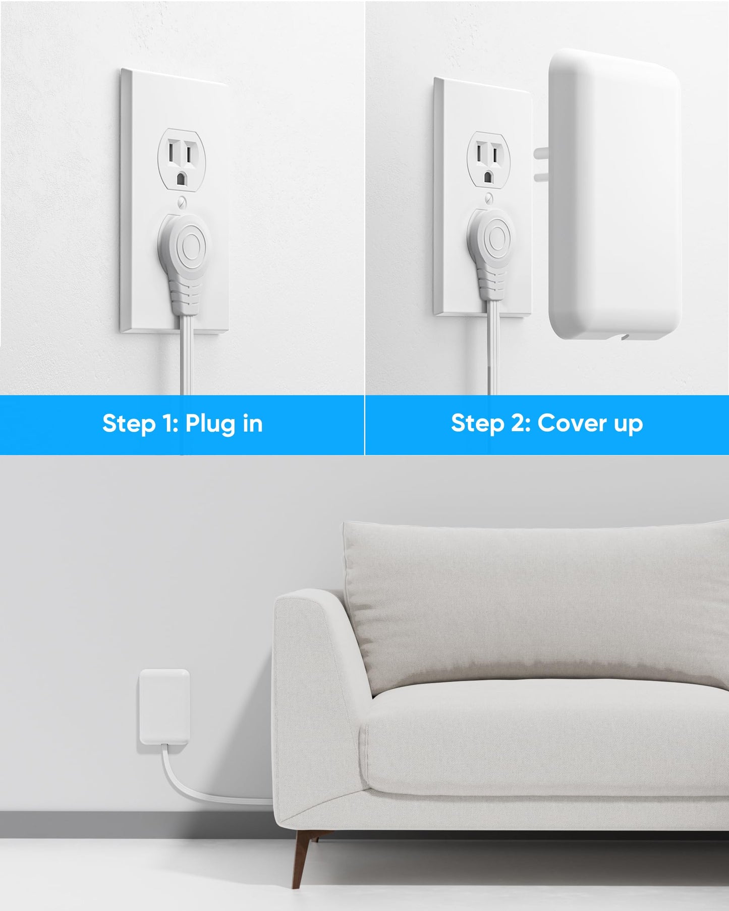 Olcorife Flat Extension Cord with Outlet Cover, Flat Plug Power Strip with 6 Outlets and 3 USB Ports, 2000 Joules Surge Protector, 5 FT Cord Hidden Outlet Extender for Tight Spaces, White