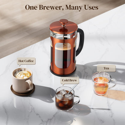 Veken French Press Coffee Maker 34oz 1 L, No Plastic Touching Cafe, Heat Resistant Thickened Borosilicate Glass, Stainless Steel Brewer, Cold Brew Cafetera Teapot for Kitchen Travel Camping, Copper