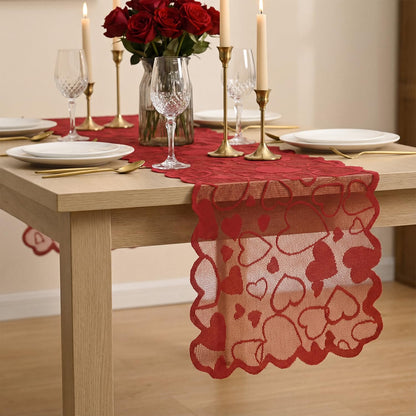 Artoid Mode Lace Jacquard Love Heart Valentine's Day Table Runner, Kitchen Dining Table Decoration for Home Party Decor 13x72 Inch